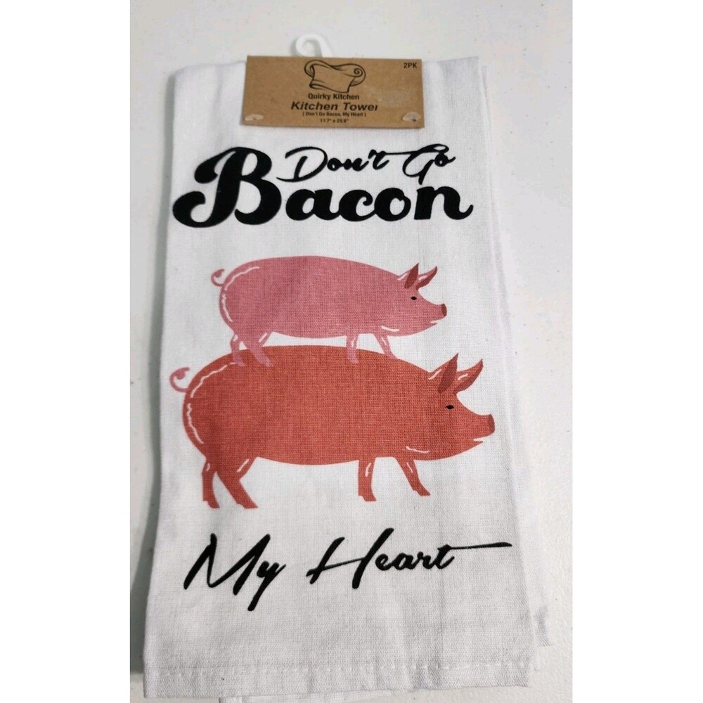 2 Quirky Kitchen Towels "Don't Go Bacon My Heart" Pig Farm Design Dish Towels